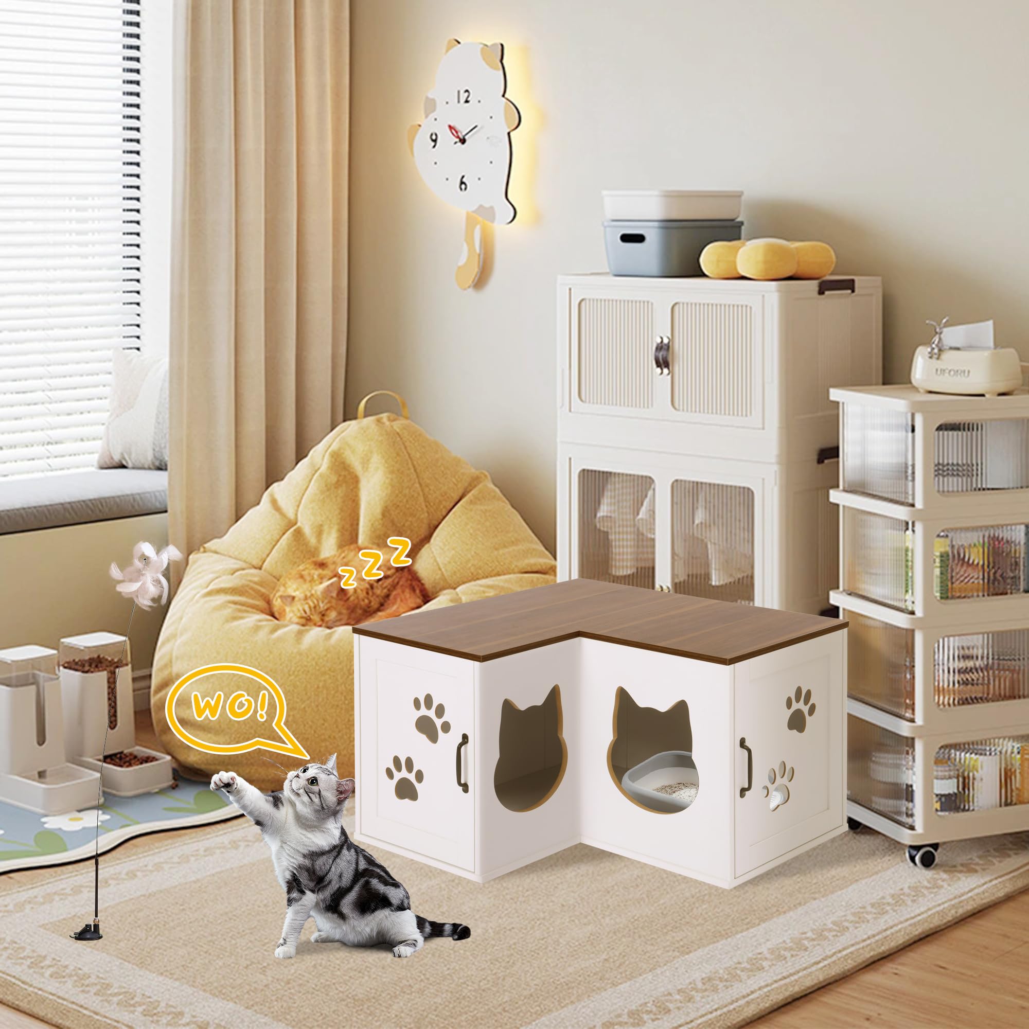 Charmeleon Cat Litter Box Enclosure, Corner Litter Box Furniture Hidden, Large Wooden Cat Washroom With Condo, Double Kitty Litt
